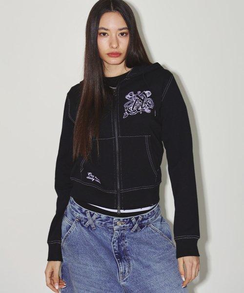 BURST INTO ROSE HOOD ZIP-UP BLACK