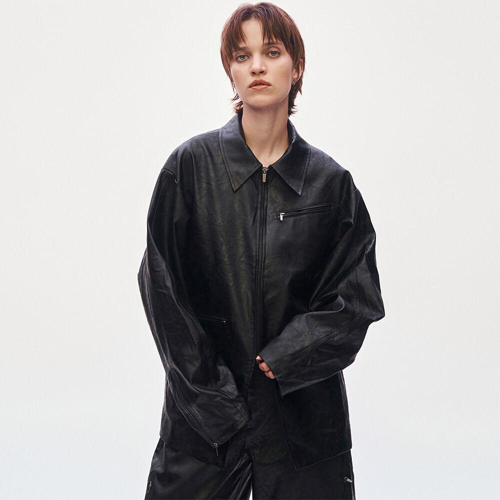 Oblique Zipper Leather Set-up Jacket [ Black ]