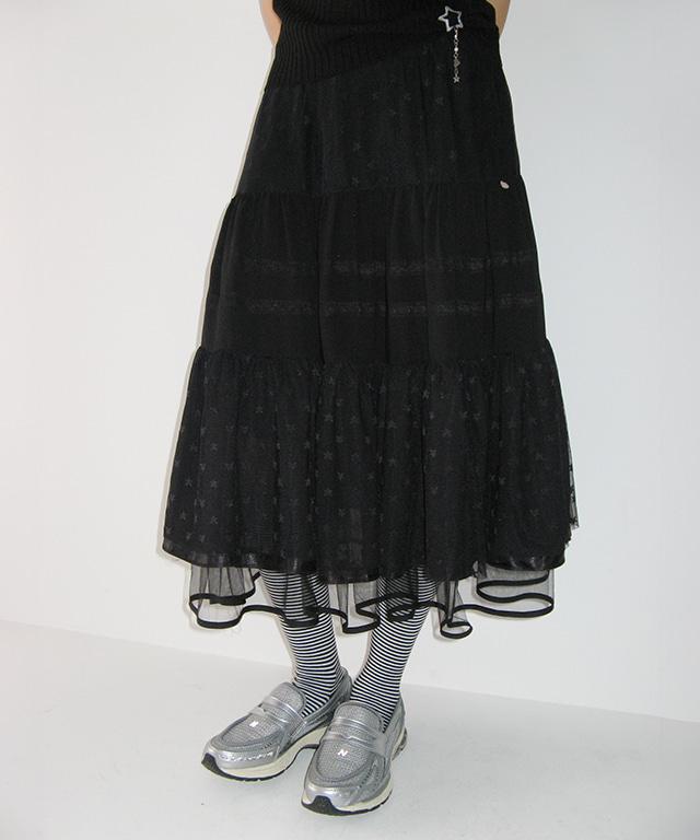 SHEER DOT TIERED SKIRT BLACK