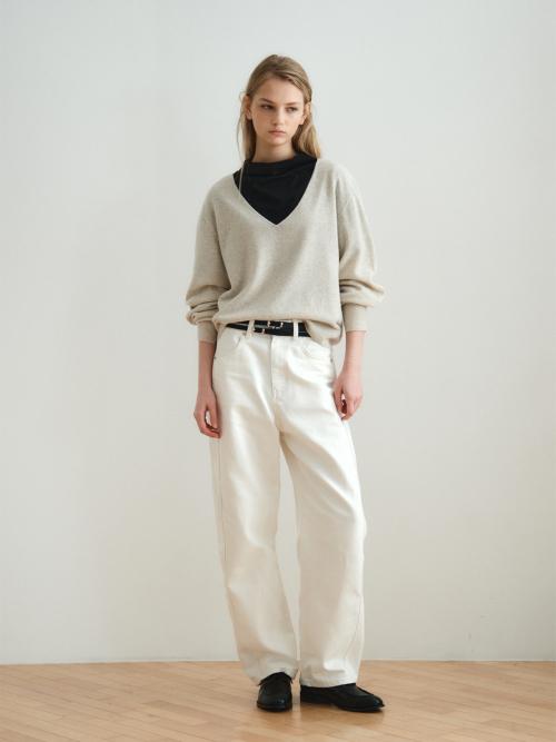 WOOL CASHMERE DEEP V-NECK TOP_PALE BEIGE