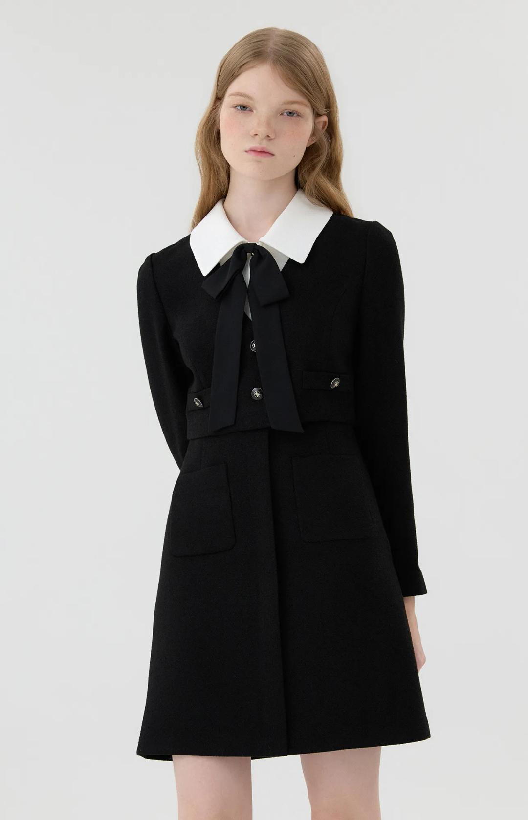 배색카라 리본 브로치 원피스