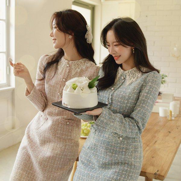 러블리 레이스 카라 펄 트위드 원피스