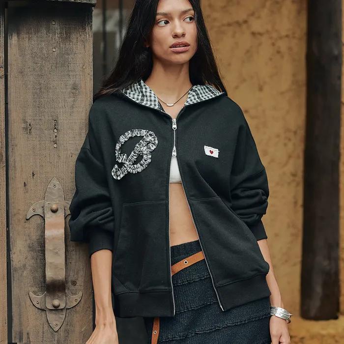 B Frill Hood Zip Up-Black