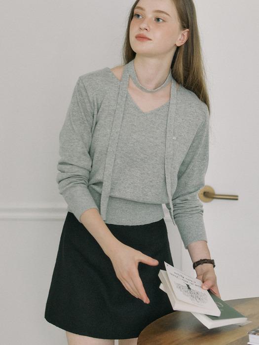 Cashmere Tie Set V-neck knit - Melange Grey