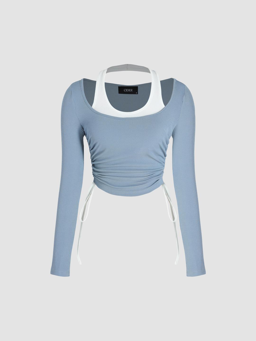 Scoop Neckline Drawstring Long Sleeve Crop Top