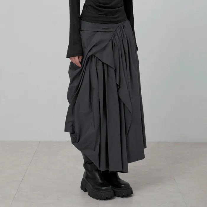 Asymmetrical Draped Layered Long Skirt (FL-256_Charcoal)