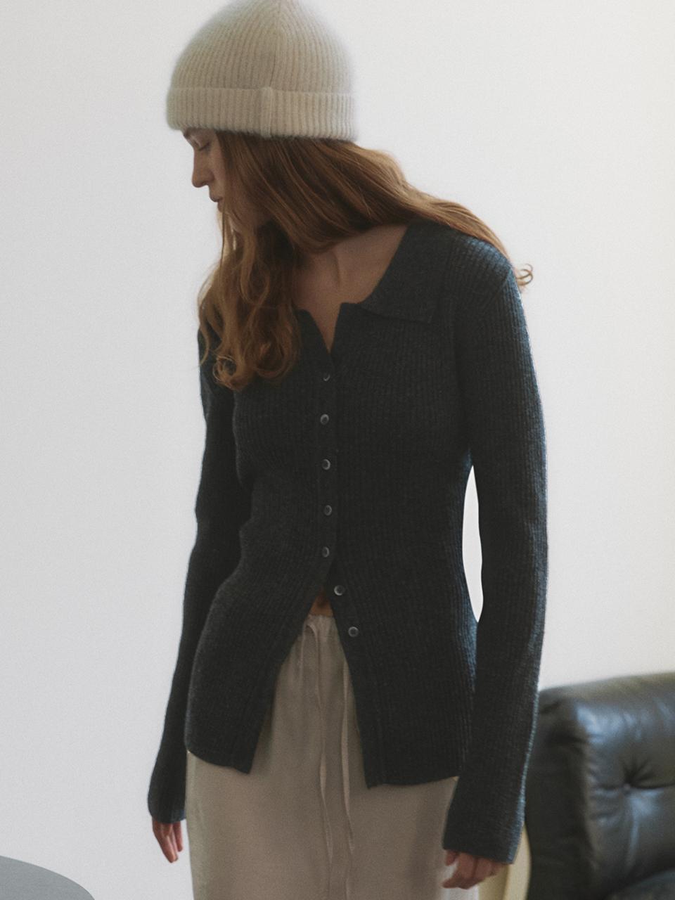 comos 1305 open collar ribbed cardigan (charcoal)