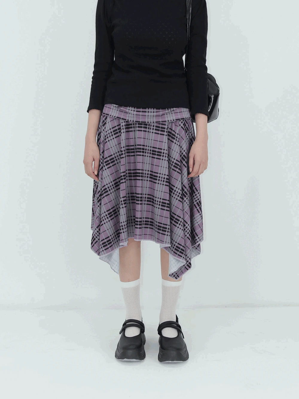 히너 체크 언발 미디 스커트