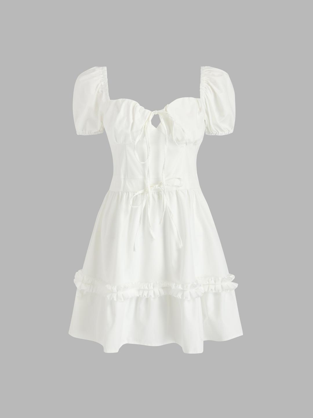 Solid Knotted Puff Sleeve Mini Dress