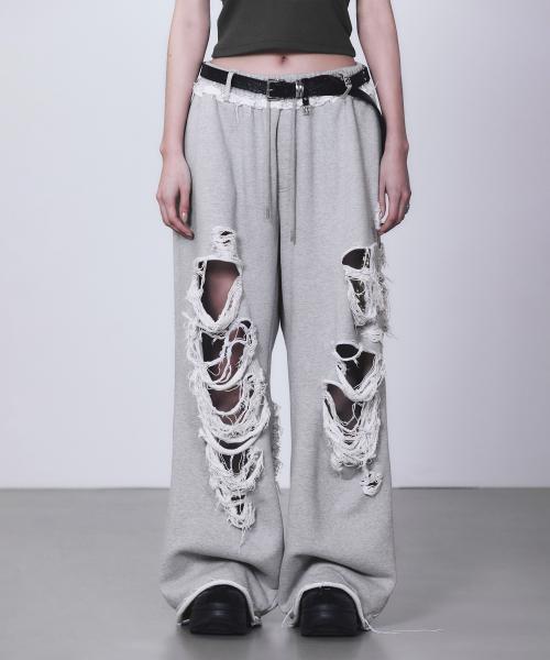 트리밍버드(TREEMINGBIRD)  Scratch Damage Wide Sweat Pants [ Melange Gray ] - 사이즈 & 후기 | 무신사