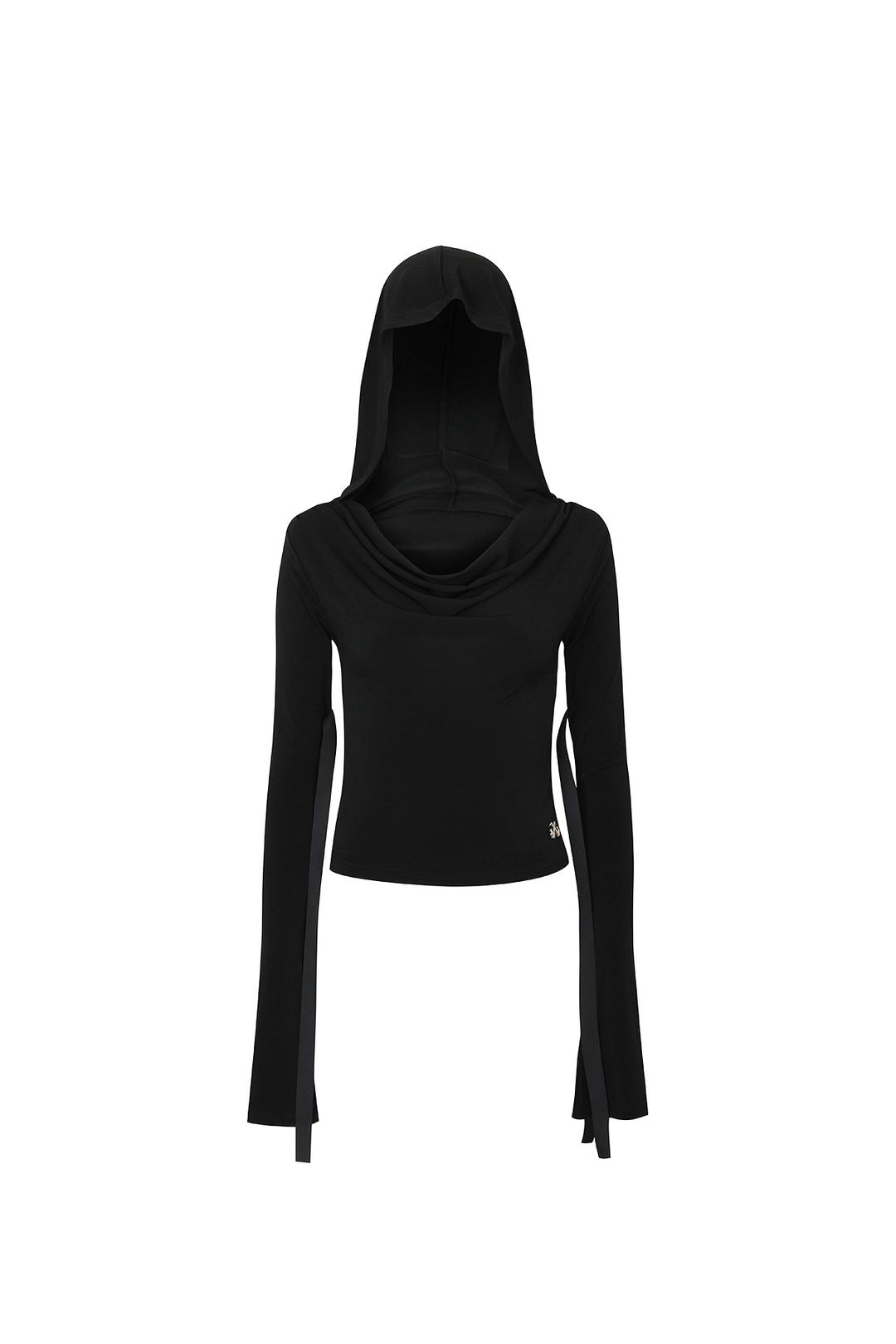 HOODIE RIBBON DRAPE TOP BLACK