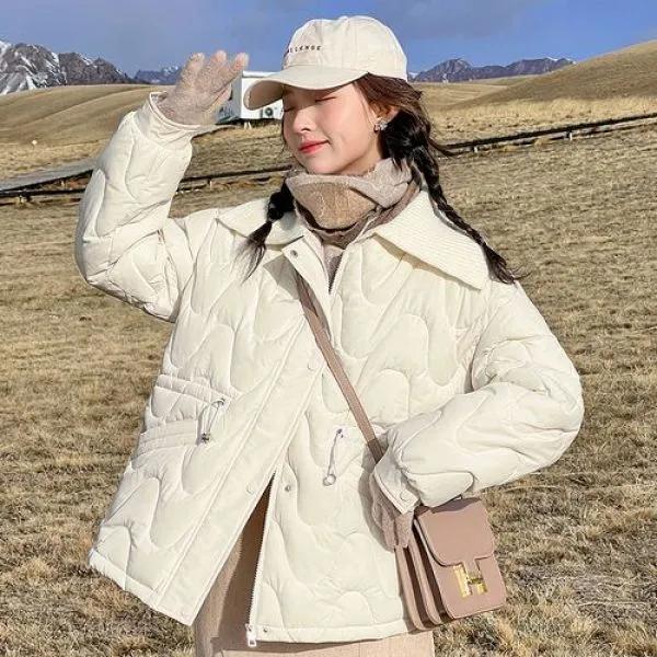 여성 카라 니트 배색 허리스트링 퀼팅 누빔 숏 경량패딩 점퍼 자켓  아이보리 베이지