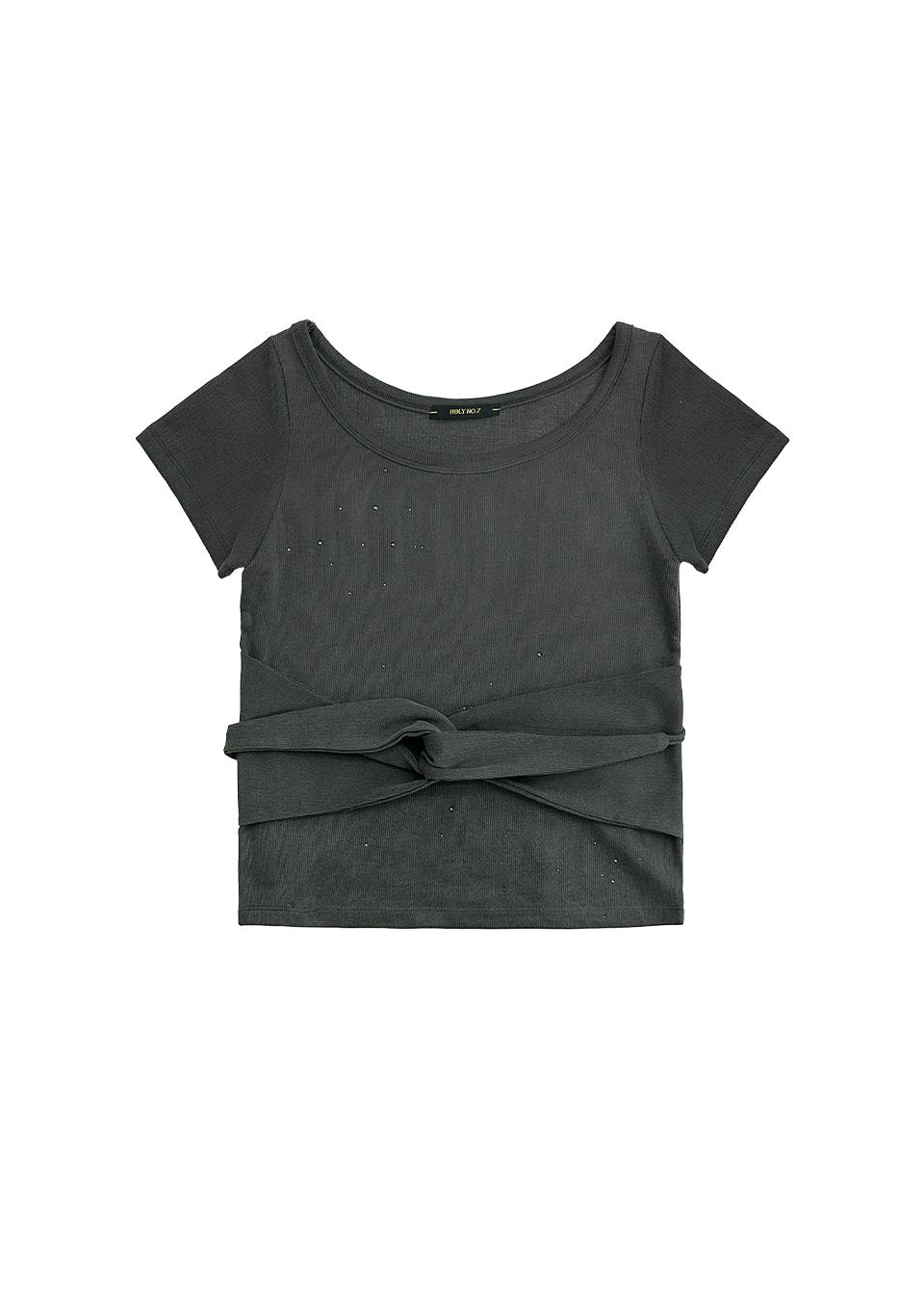 큐빅 크롭 우먼 타이 티셔츠_차콜CUBIC WOMEN'S TIE SHORT SLEEVE T-SHIRT_CHARCOAL