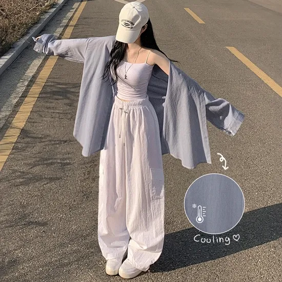 [핵고퀄!/한여름까지☀️] 시원한소재! 여리여리 스트라이프 요루 왕오버핏 긴팔셔츠 꾸안꾸 휴양지 살안타템 햇빛차단템 빅사이즈