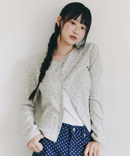 EYELET LONG SLEEVE FLOWER CARDIGAN_OATMEAL