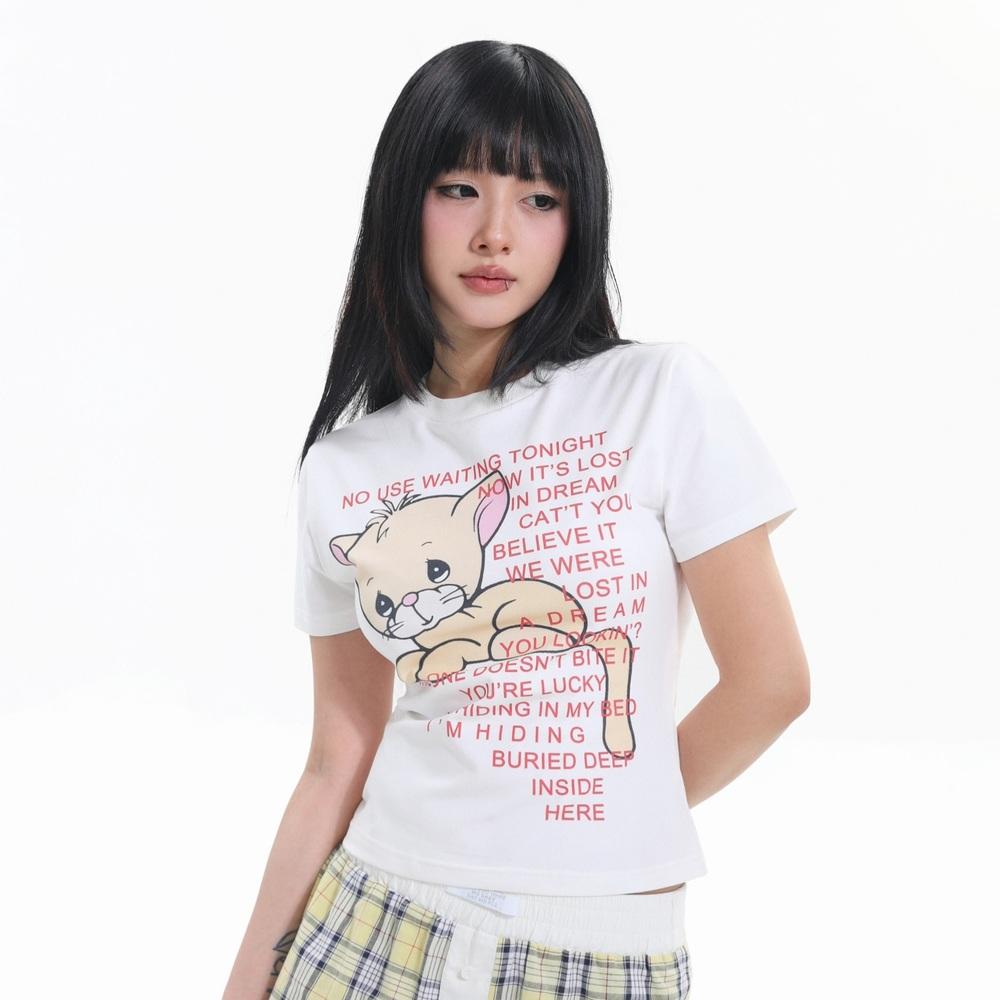 Eat me Plz 고양이 티셔츠 잇미플리즈 화이트 레터링 캐릭터 세미크롭티
