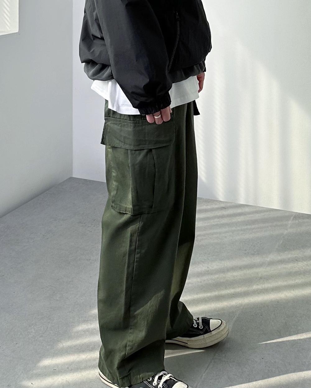 고밀도 코튼 카고 스트링 와이드 팬츠