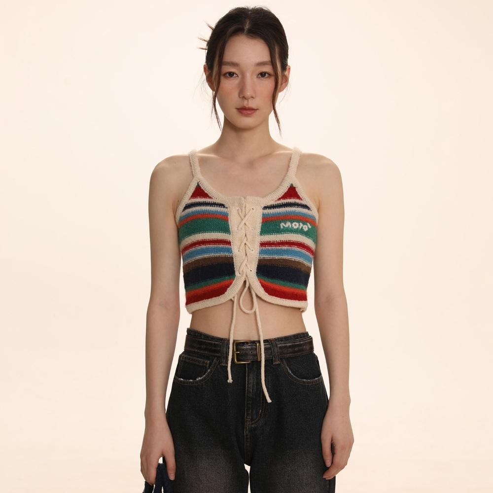 MOROMORO2 모로모로 크롭 니트티 스트라이프 나시 탑