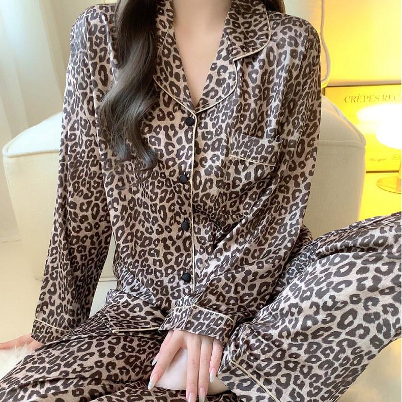 오로니 레오파드 호피 실크 잠옷 여자 봄 긴팔 빅사이즈 파자마 파티 투피스 세트 홈웨어