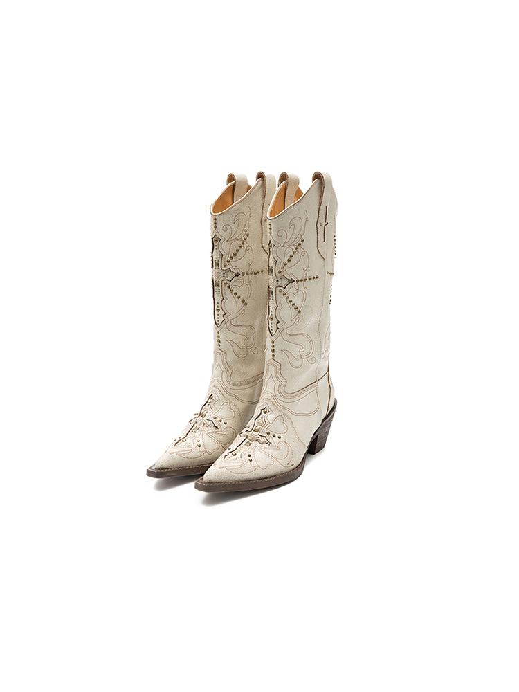 V-Mouth Pointed Toe Lamb Skin Embroidery Cross Vintage Aged Western Cowboy Boots【s0000012936】