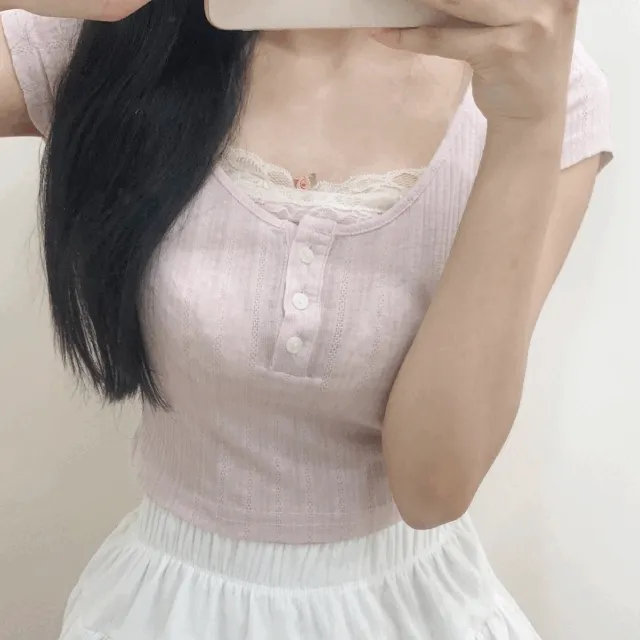 [1-2일내출고!] 핑크 로즈 레이스 반팔