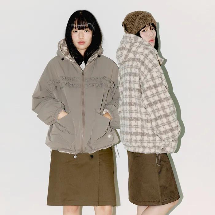 REVERSIBLE FRILL HOODED JACKET, BEIGE/CHECK
