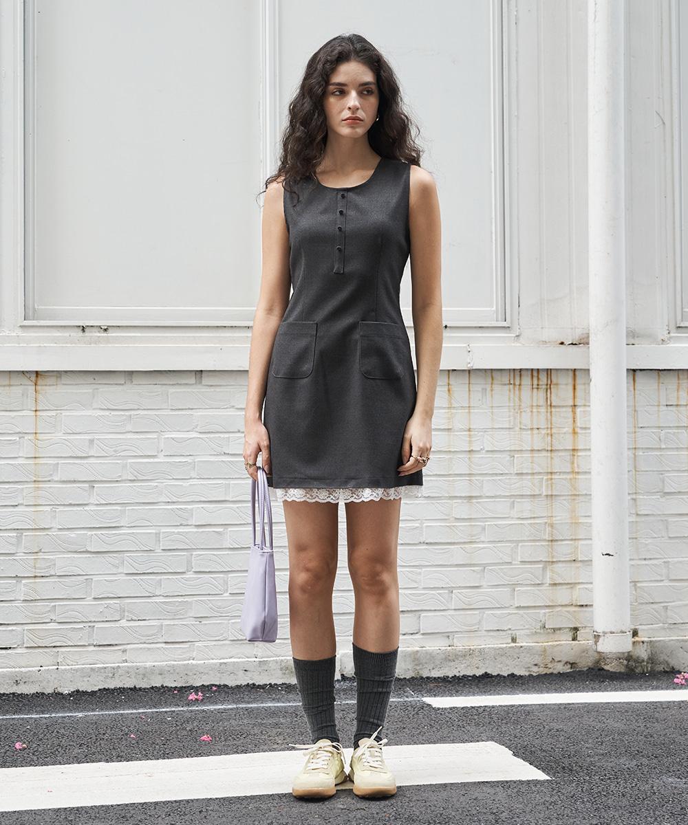 Sleeveless Lace Trim Wool Dress Charcoal
