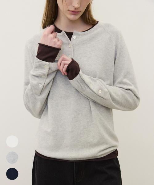 (우먼)코튼 캐시 헨리넥 슬리브 니트 - 3 COLOR