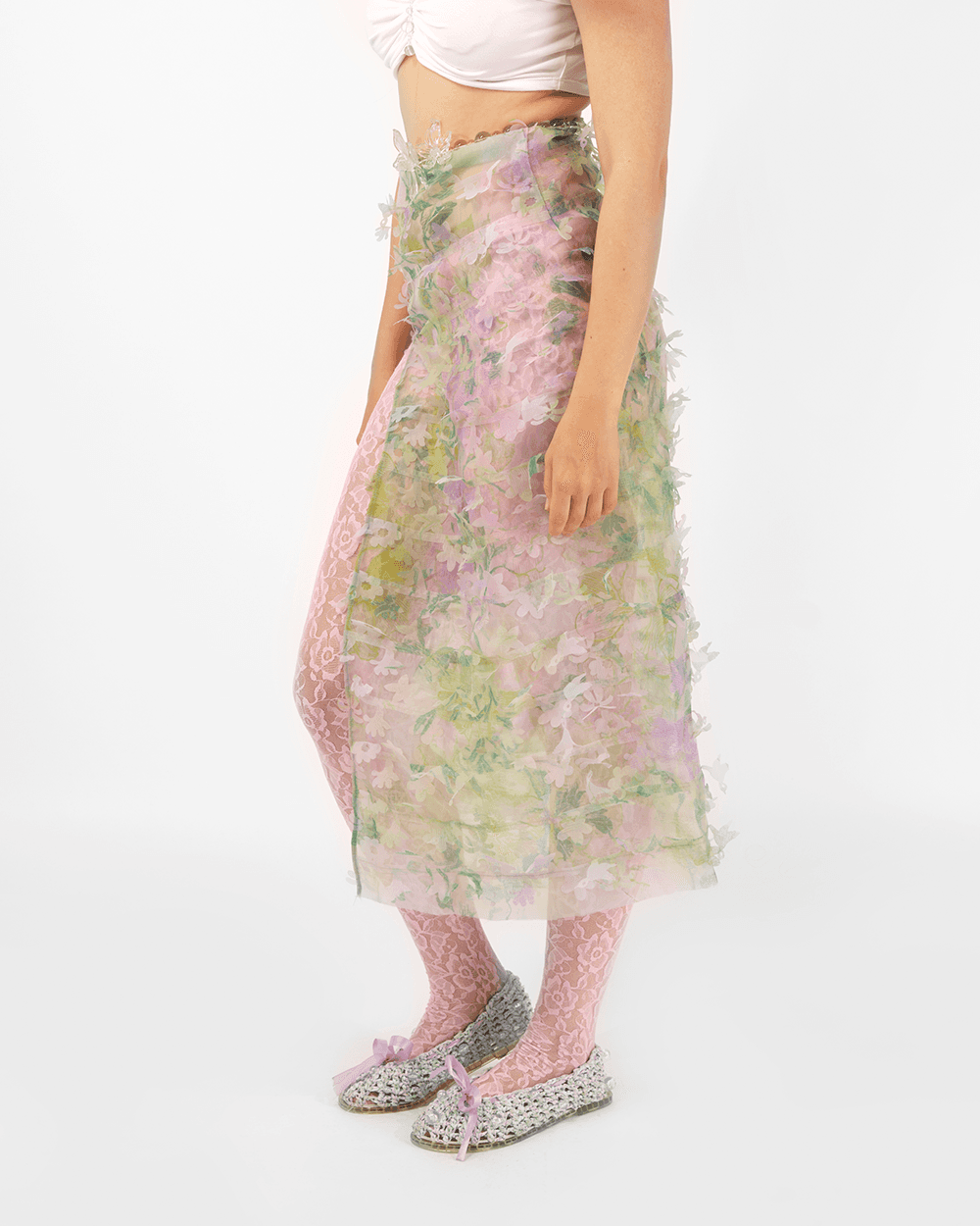 PRINTED LASER-CUT FLORAL SKIRT - XS / GREEN