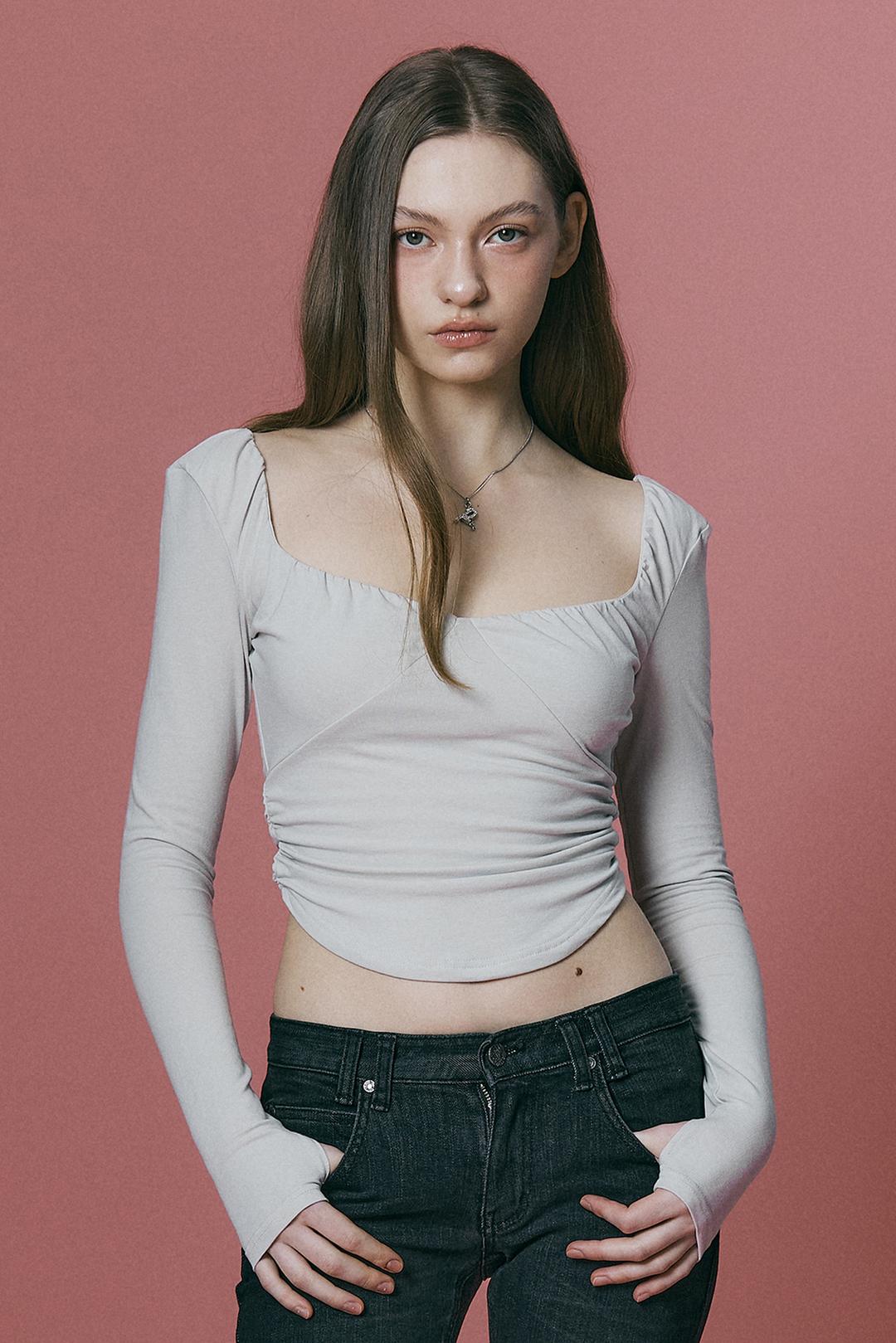 Misty Shirring Long Sleeve Top (Sand Grey)