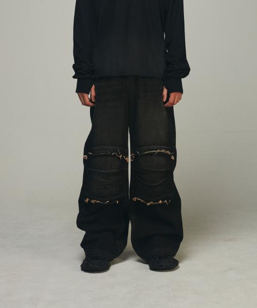 Knee Point Washed Denim Pants Brown