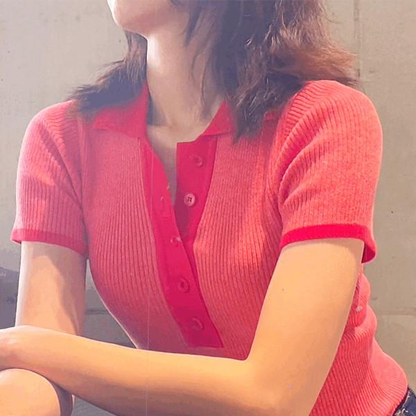 COLOR BLOCK SHORT SLEEVED POLO KNIT - RED