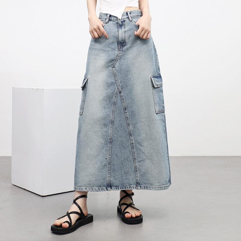 논코드 샐릿 데님 트임 롱 스커트