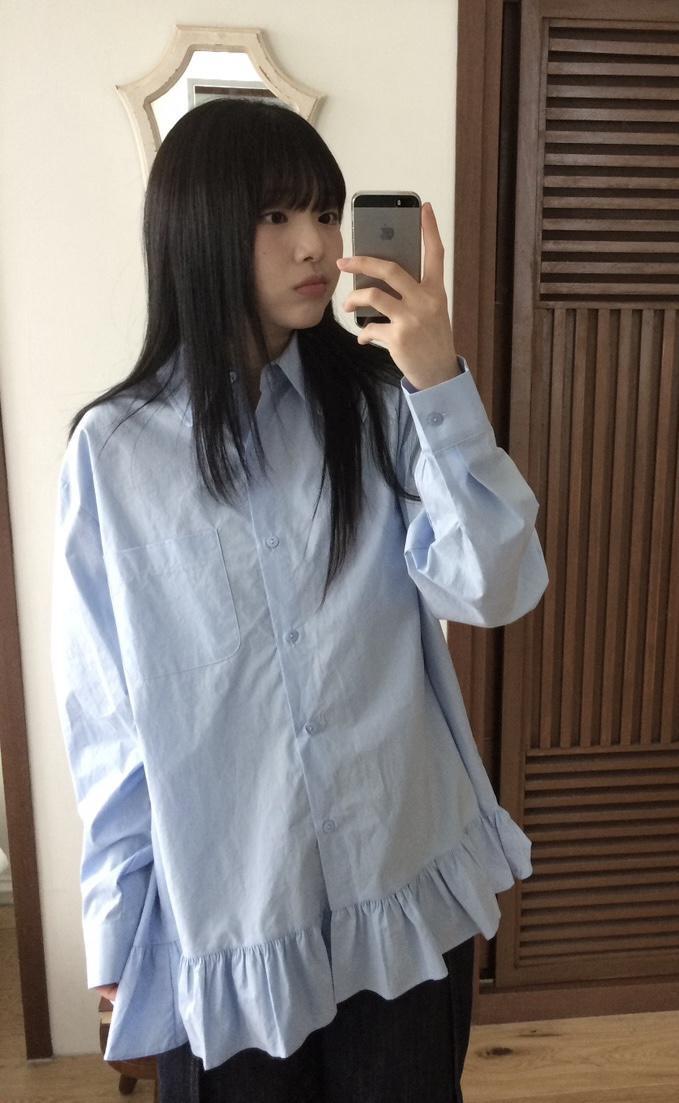 모브앤로지 프릴 오버핏 긴팔 롱 셔츠 (2color)