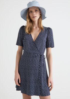 프린트 스캘럽 랩 미니 드레스