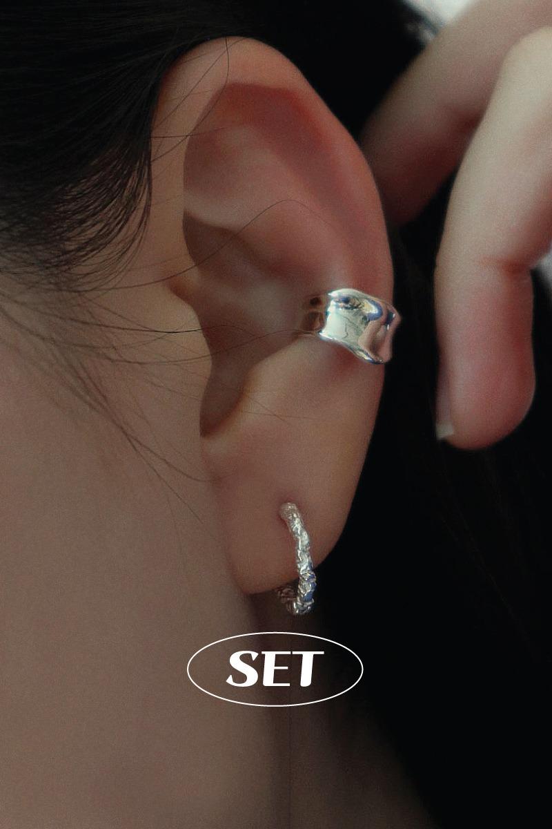 [SET] 925silver 물결 웨이브 이어커프 귀찌 (1ea) & 젬마 해머 원터치 귀걸이 (2ea) 세트