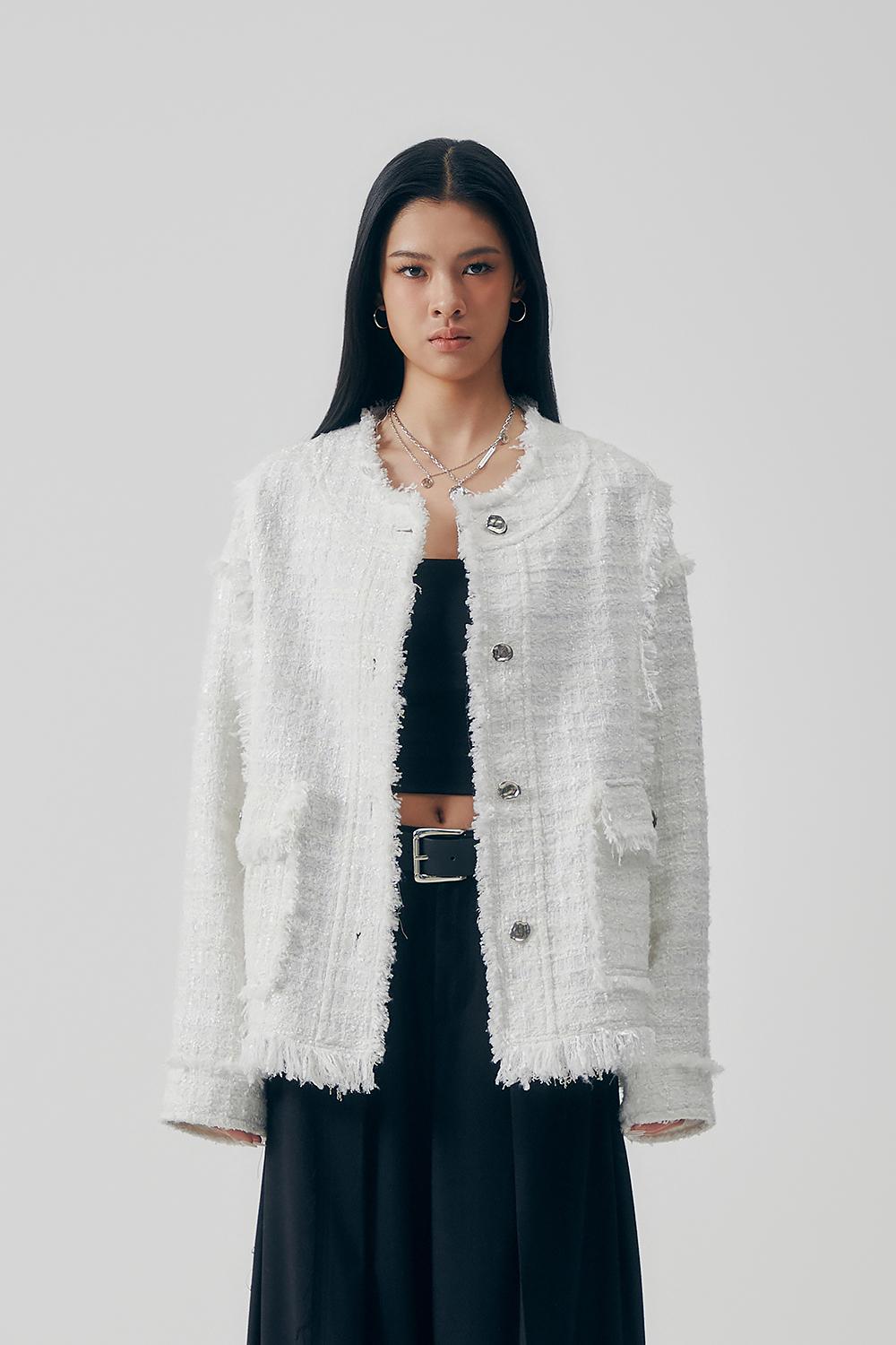 Frayed Trim Tweed Over-fit Jacket [ White ]