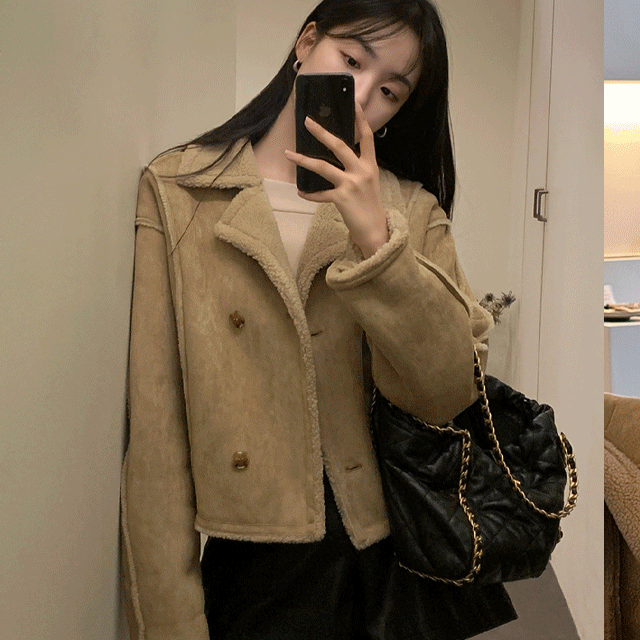 스웨이드 절개 라인 양털 덤블 숏 크롭 무스탕 (*2color)