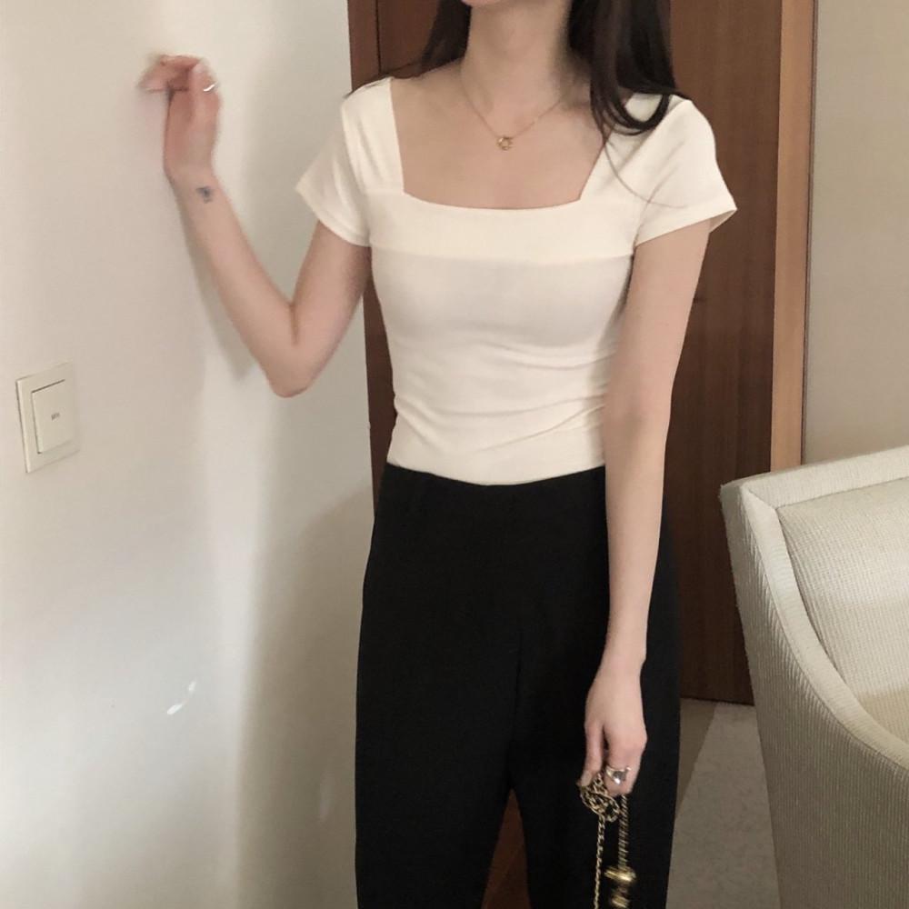 스퀘어넥 반팔 티셔츠 아이보리 블랙