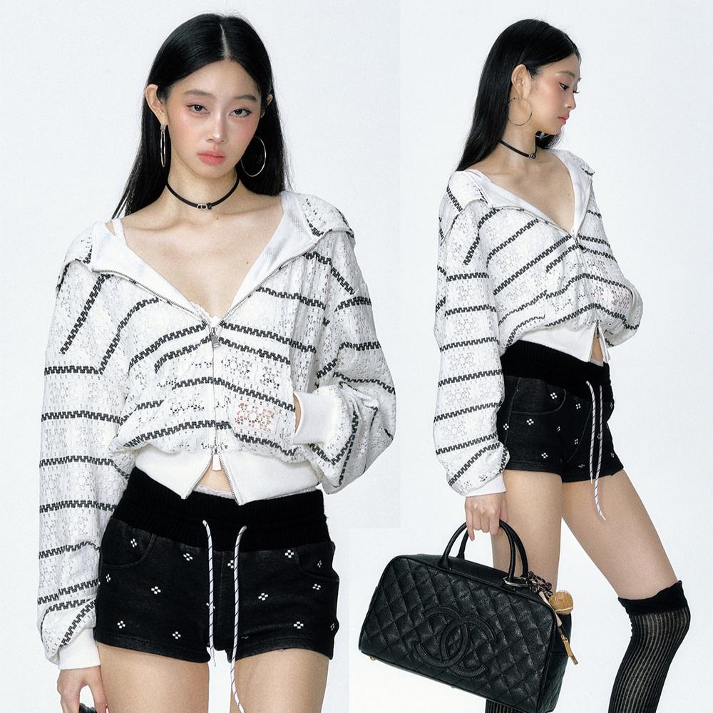 CURRIGES 크롭 후드집업 니트 스트라이프 후디 가디건