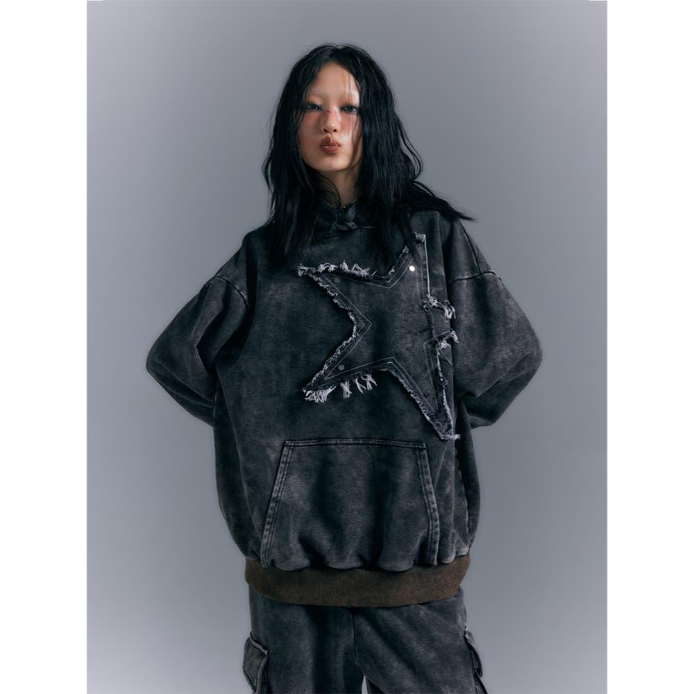 Lost Back Garden Washed Old Retro Rivet Star Hooded Sweater Loose Hoodie