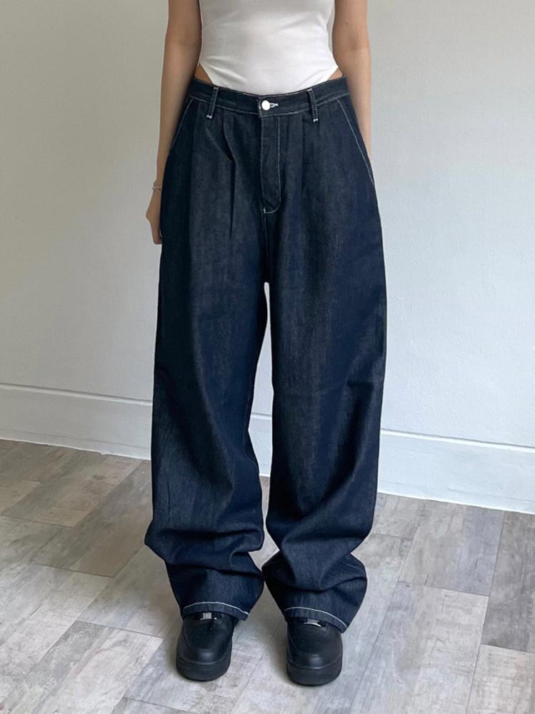 논페이드 벌룬 와이드 생지 데님 팬츠