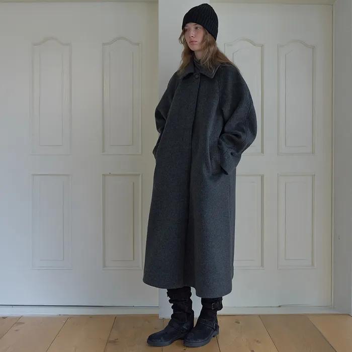 RAGLAN SLEEVE WOOL 100% MAXI SINGLE COAT, CHARCOAL