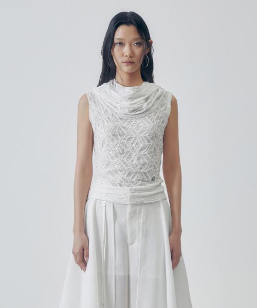 Jacquard Sleeveless Hooded Top [ White ]