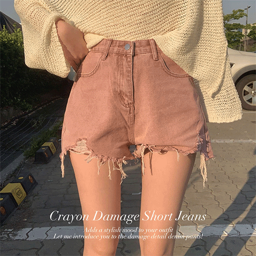 [4color/3size/강추!]크래용 데미지 숏 청반바지