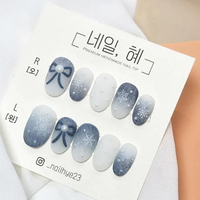 💖입점할인💖 눈내리는리본｜겨울네일｜수제네일팁｜벨벳네일｜니트네일｜눈꽃네일｜리본네일