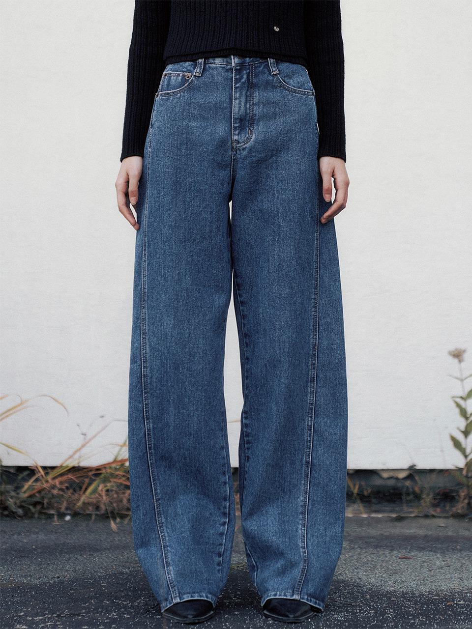 Line Point Vintage Washing Wide Denim Pants (Blue)