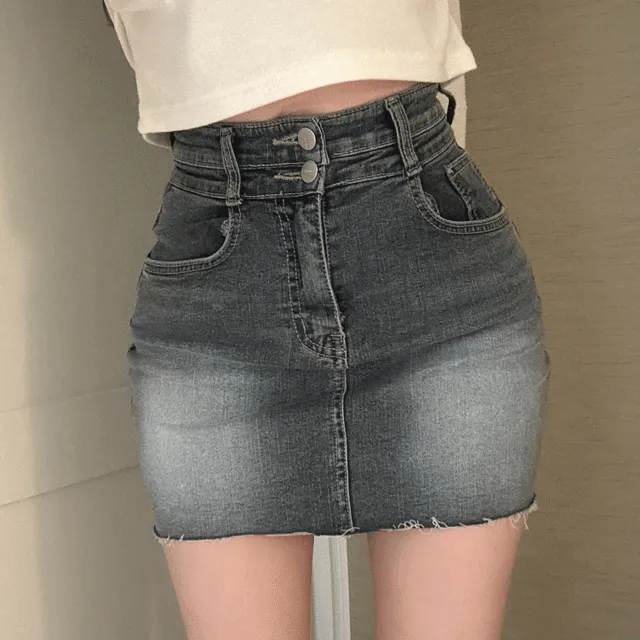 [허리강조/남심저격] 투버튼 브러시 워싱 미니 스커트 - sk
