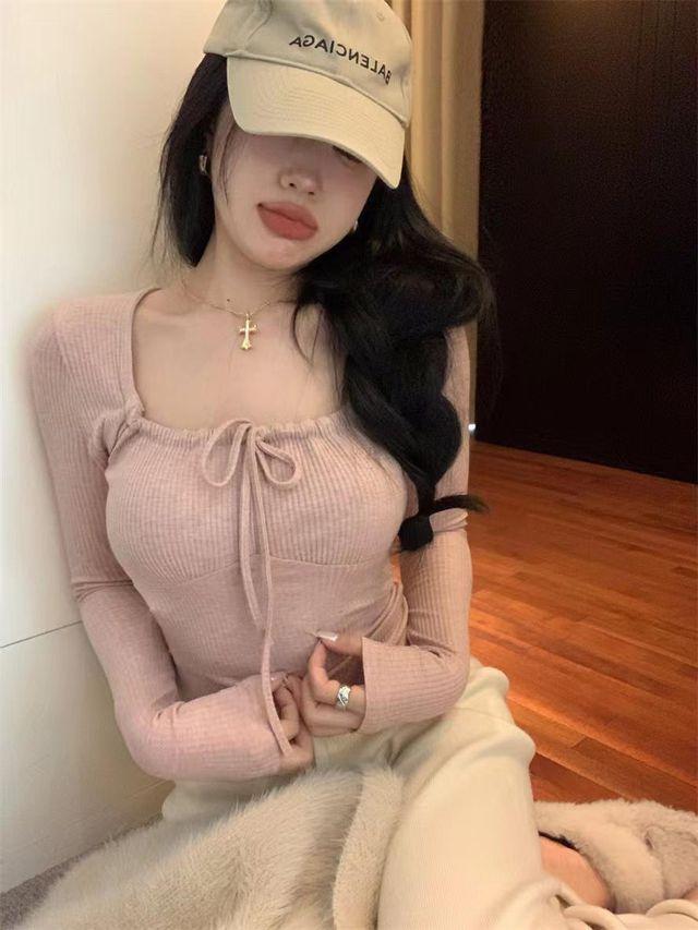 엔샤 리본 골지 스퀘어넥 슬림핏 여름 티셔츠