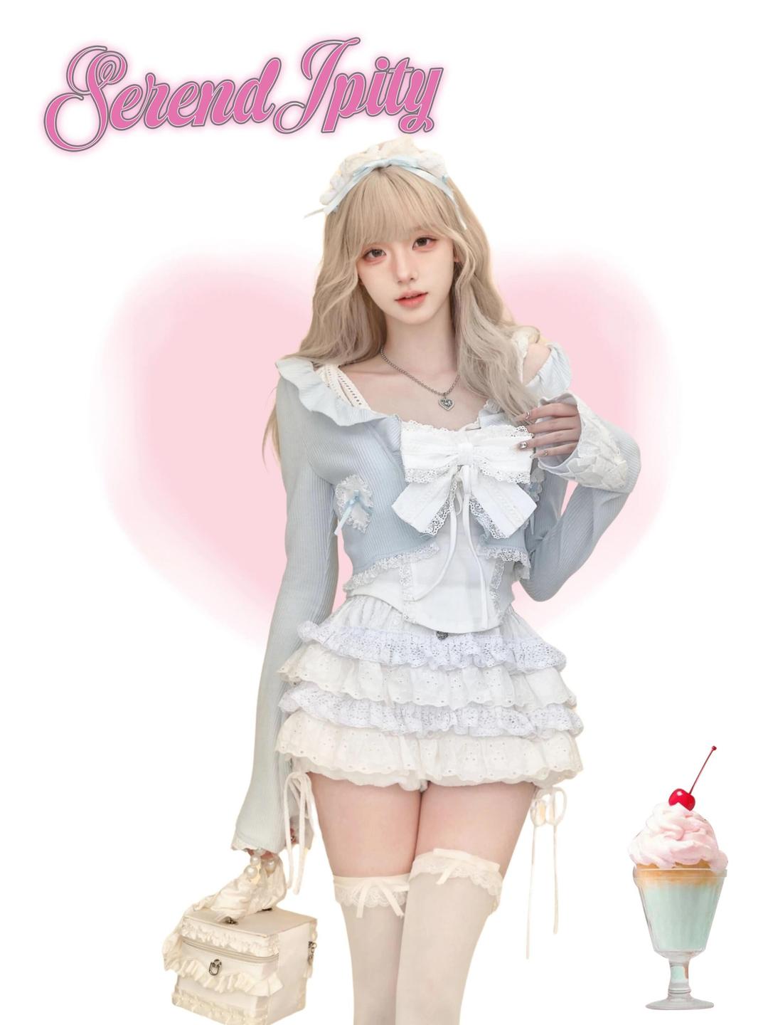 Serendipity Watercolor Bubble Autumn Milk Blue Knitted Cardigan + Bowknot Suspenders + White Cake Skirt - Set (pre-sale) / S / Blue